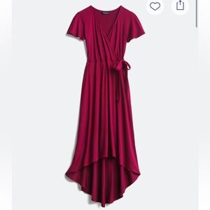 Burgundy High Low Faux Wrap Dress with Flutter Sleeves